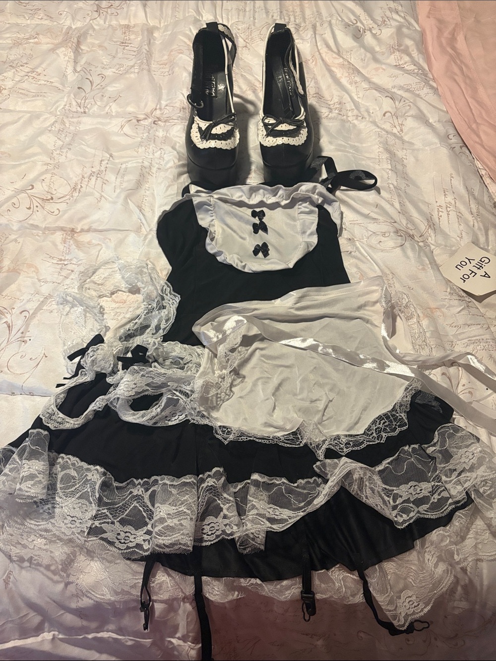 Hot Topic Black and White Lace Maid Dress with Apron and platform Shoes!